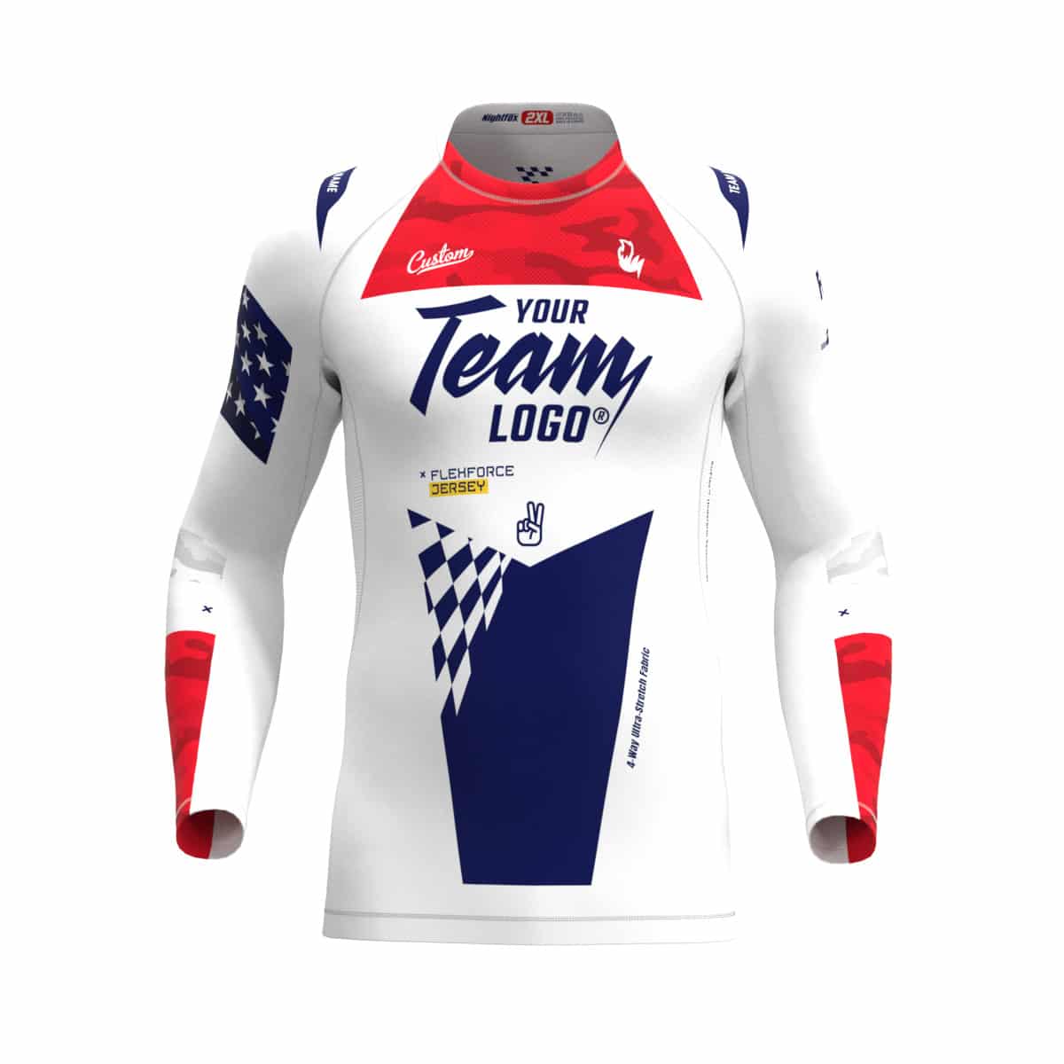 Jersey de punto elástico personalizado para carreras de BMX Renderizado 3D de la camiseta de carreras BMX ultraplana Flexforce, que muestra un ajuste elástico de alta elasticidad y ceñido al cuerpo con gráficos personalizados del equipo, colores y el nombre del ciclista en la espalda.