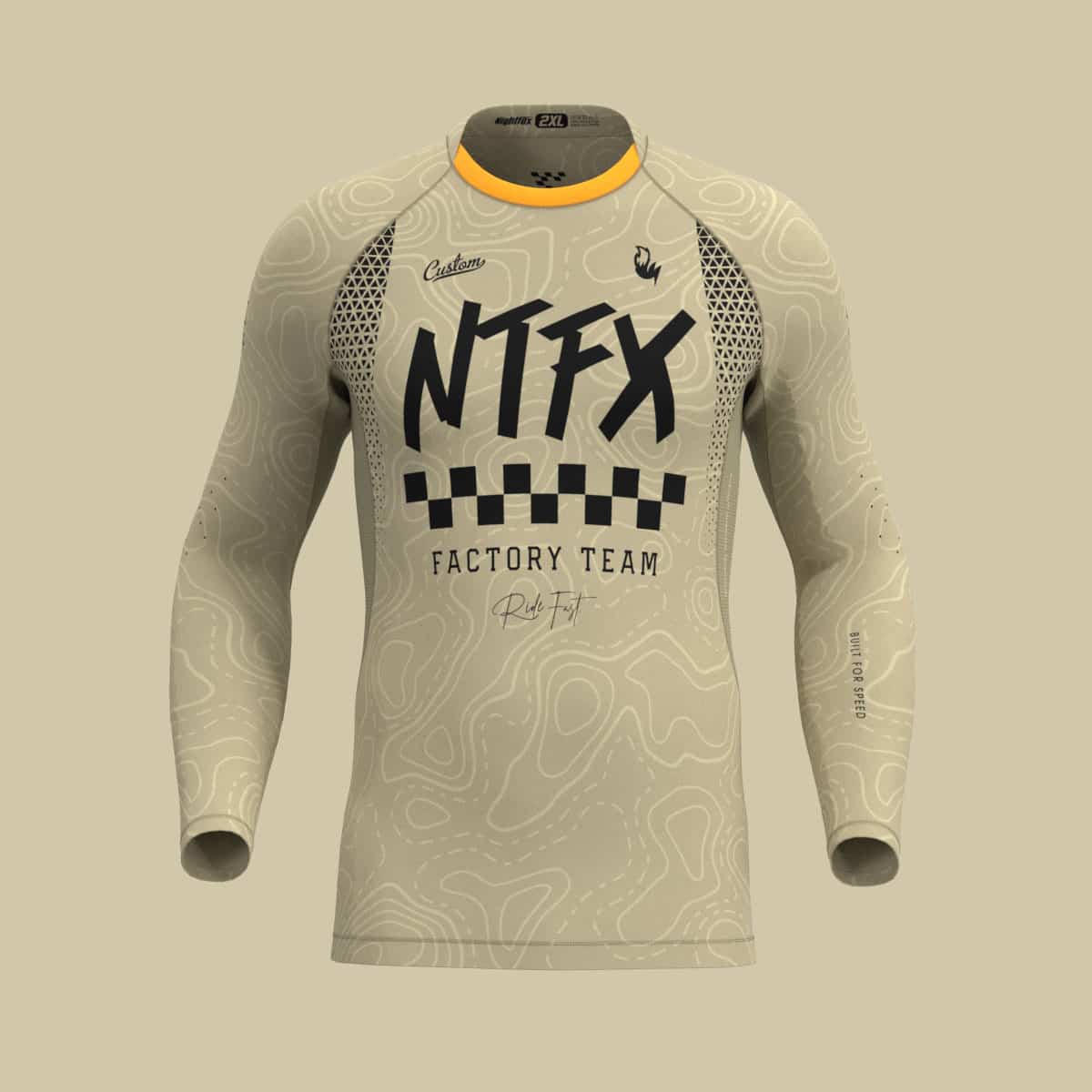 Una renderización 3D de la camiseta personalizada de BMX racing Flexforce, mostrando su ajuste ultradelgado y de alta elasticidad, gráficos totalmente personalizados y nombre del corredor en la espalda. Hecho a medida para equipos de BMX, clubes de bicicletas y pistas locales.