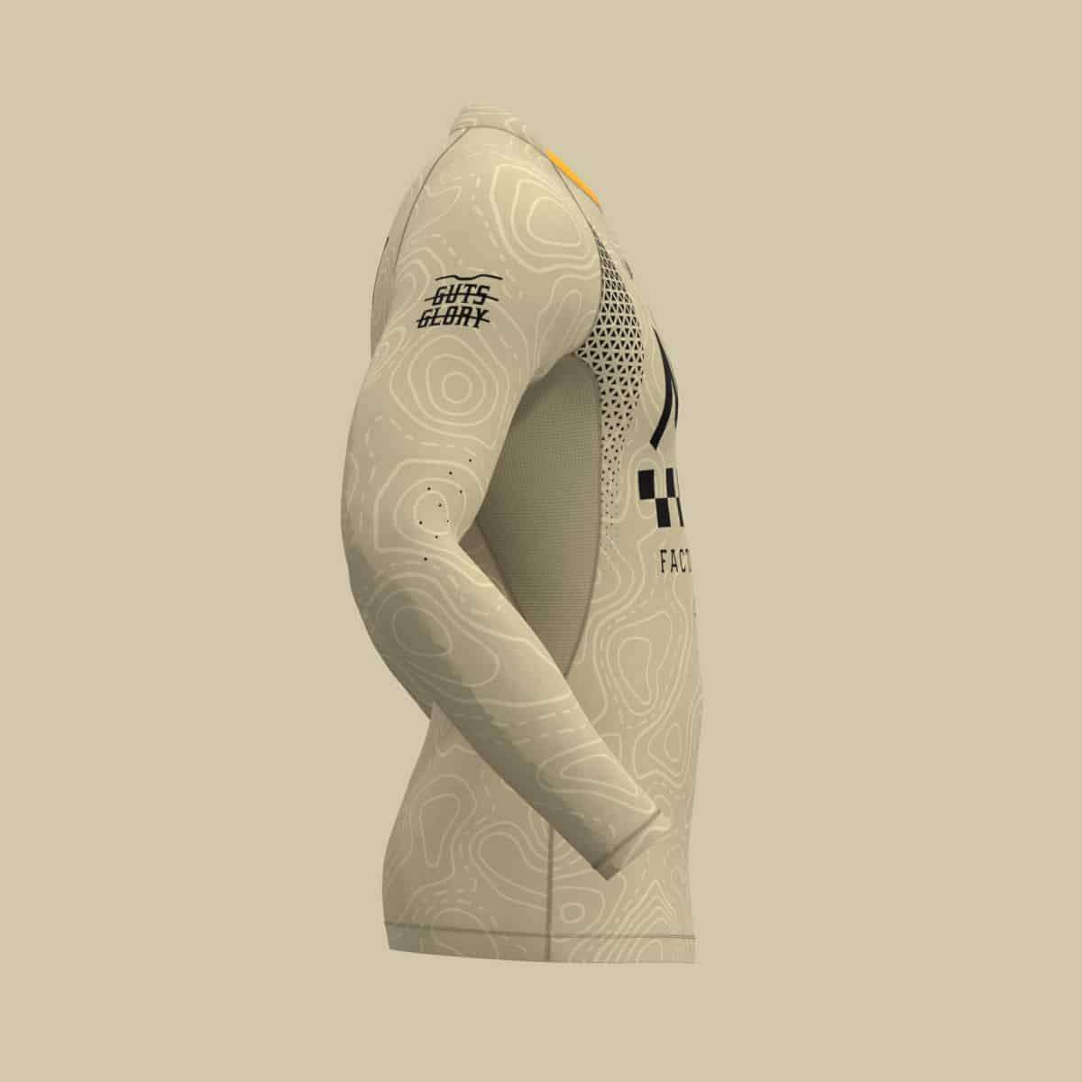 Una renderización 3D de la camiseta personalizada de BMX racing Flexforce, mostrando su ajuste ultradelgado y de alta elasticidad, gráficos totalmente personalizados y nombre del corredor en la espalda. Hecho a medida para equipos de BMX, clubes de bicicletas y pistas locales.