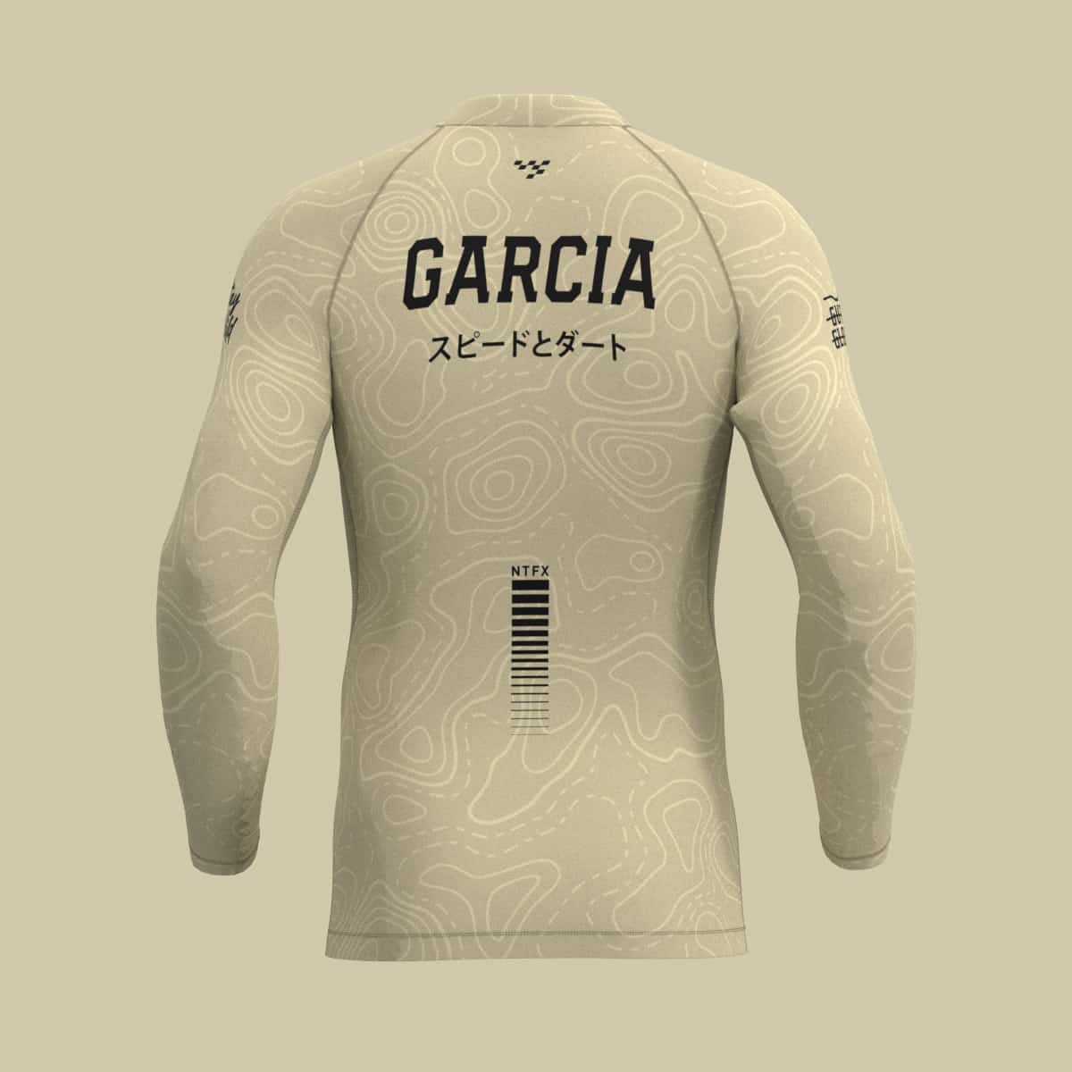 Una renderización 3D de la camiseta personalizada de BMX racing Flexforce, mostrando su ajuste ultradelgado y de alta elasticidad, gráficos totalmente personalizados y nombre del corredor en la espalda. Hecho a medida para equipos de BMX, clubes de bicicletas y pistas locales.
